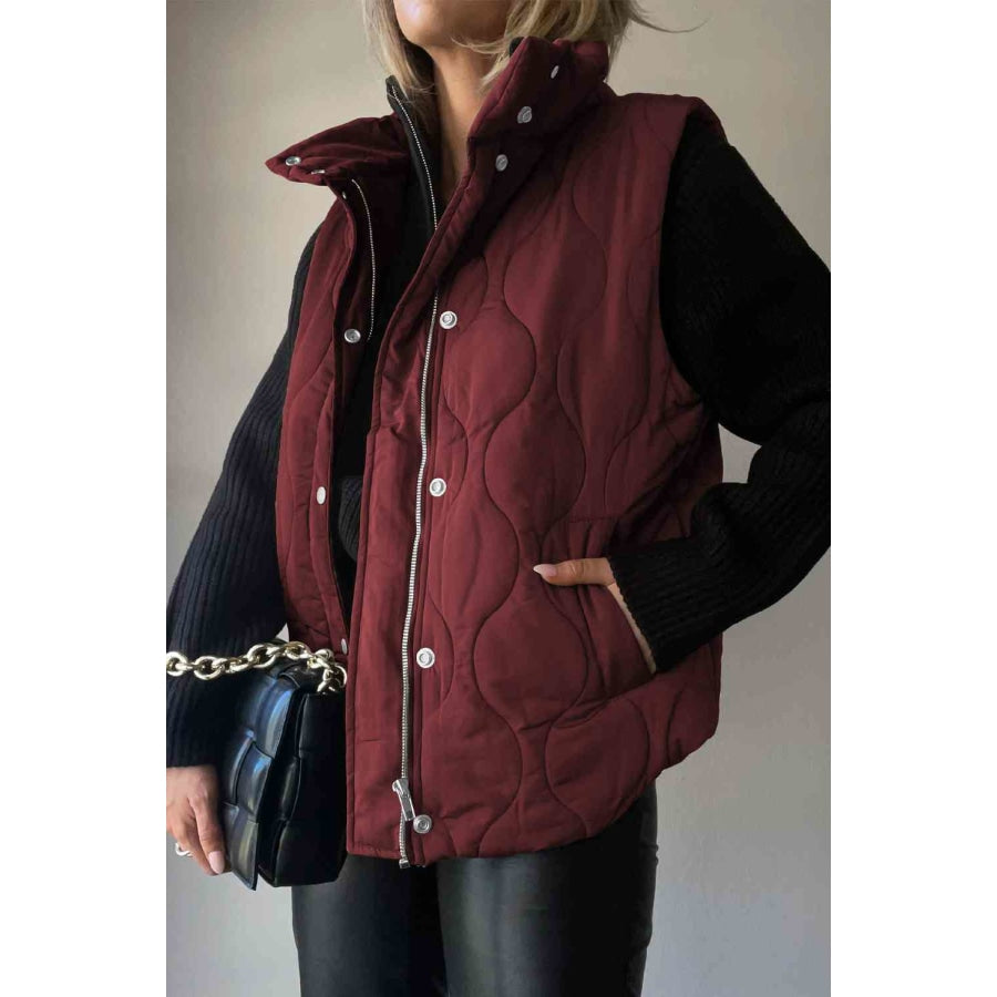 Collared Neck Vest with Pockets Wine / S