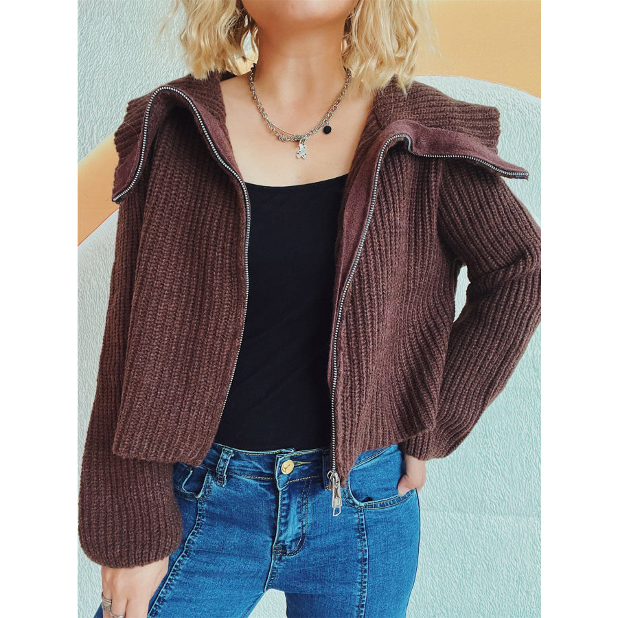 Collared Neck Zip Up Long Sleeve Cardigan Apparel and Accessories