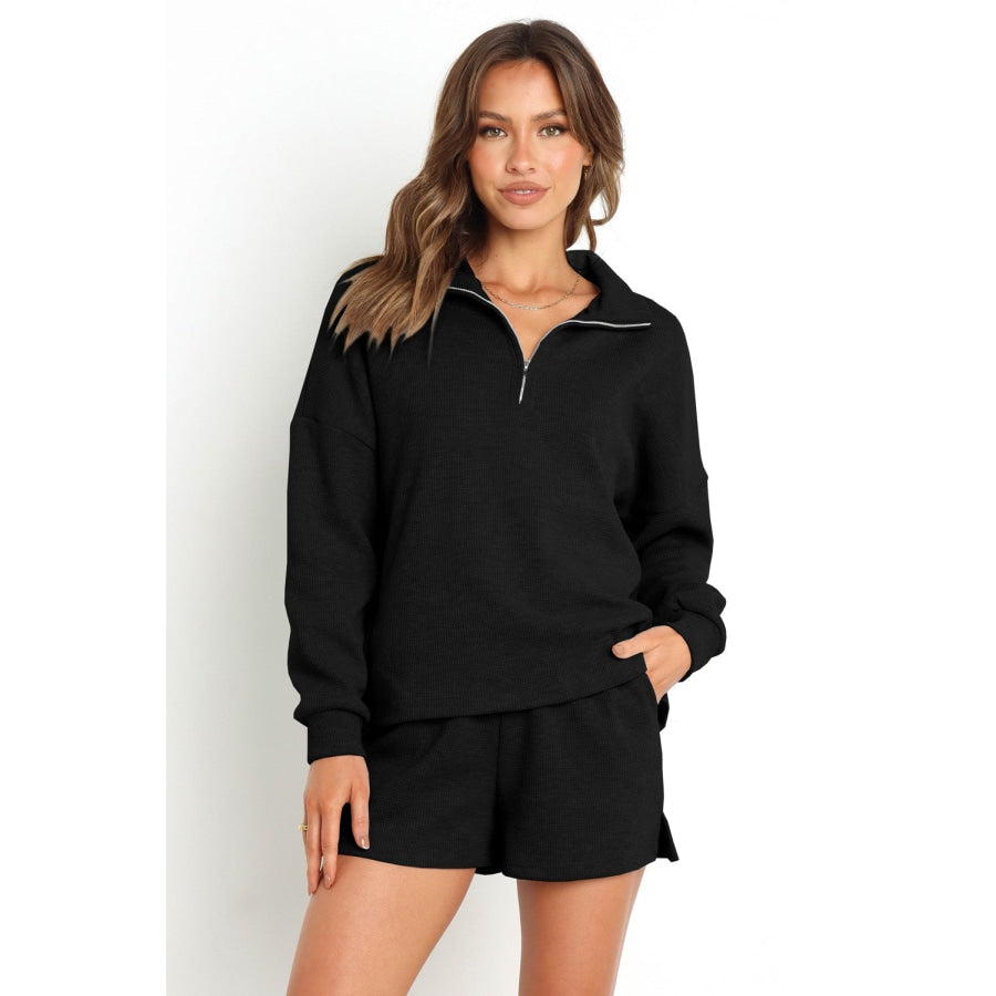 Collared Neck Zip-Up Top and Slit Shorts Set Black / S