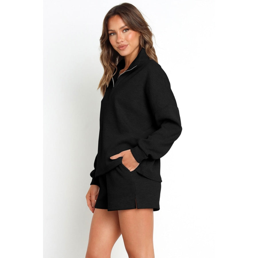 Collared Neck Zip-Up Top and Slit Shorts Set
