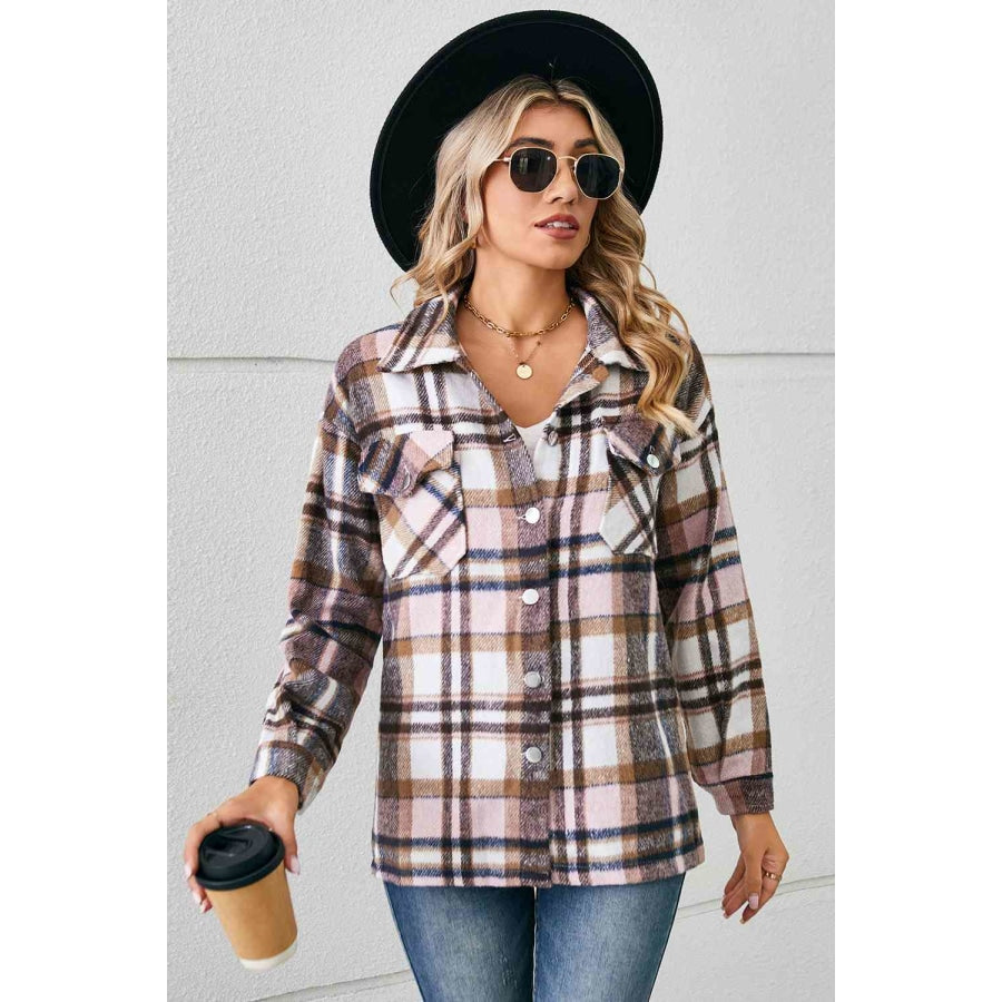 Collared Plaid Shacket Blush Pink / S