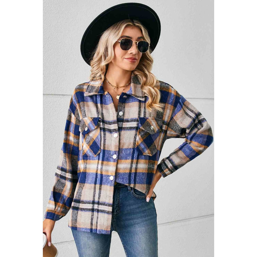 Collared Plaid Shacket Cobalt Blue / S