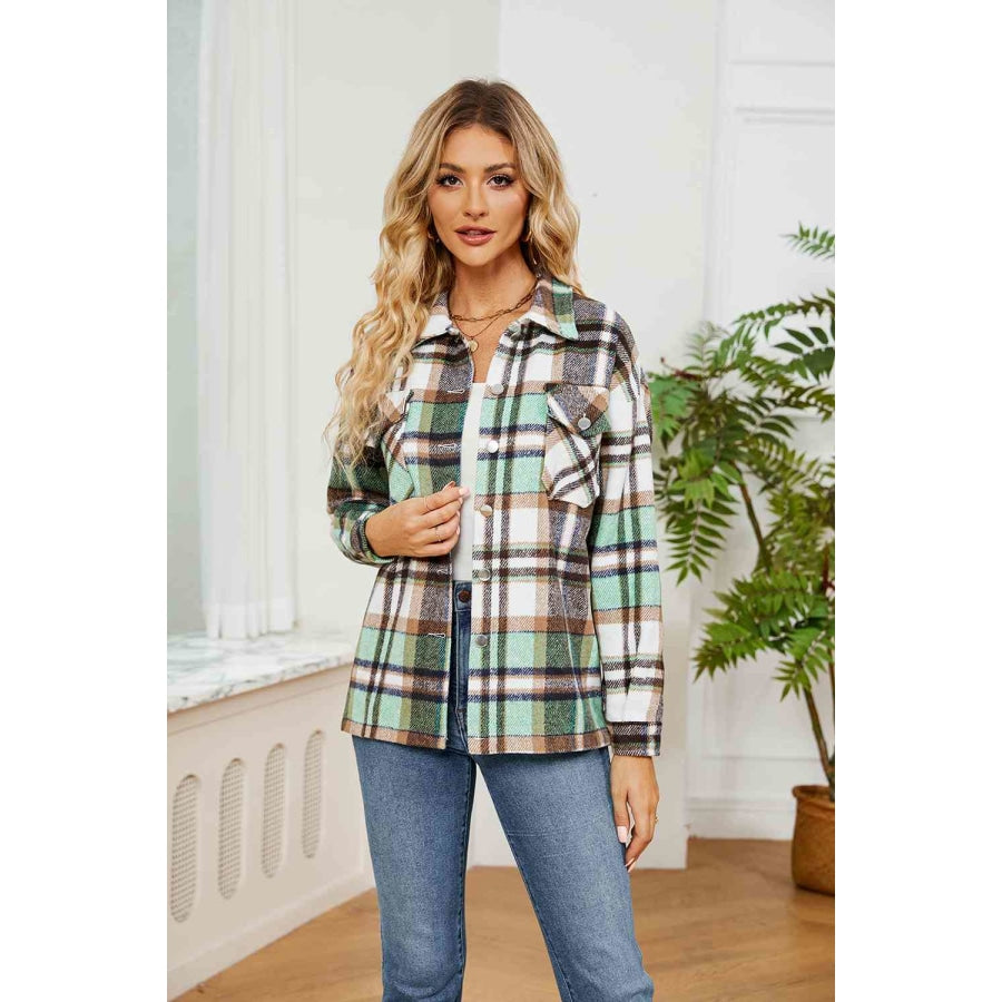 Collared Plaid Shacket Mid Green / S