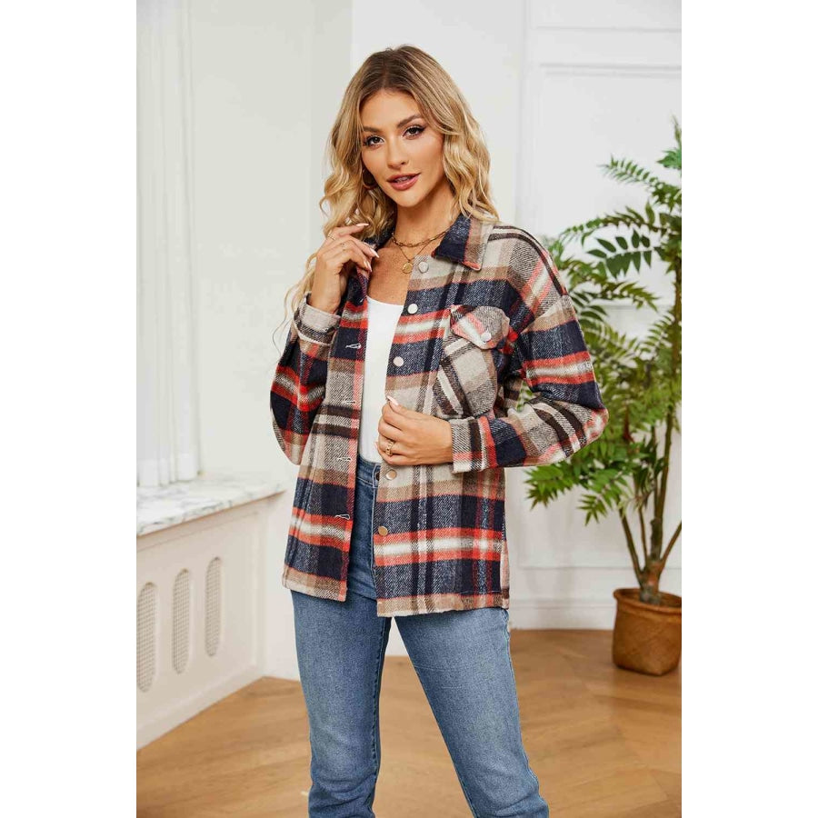 Collared Plaid Shacket Tan / S