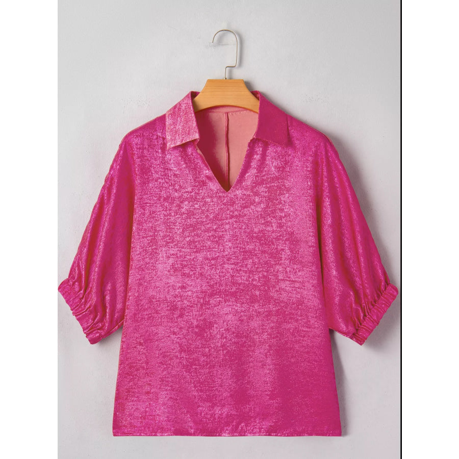 Collared V Neck Half Sleeve Metallic Top Apparel and Accessories