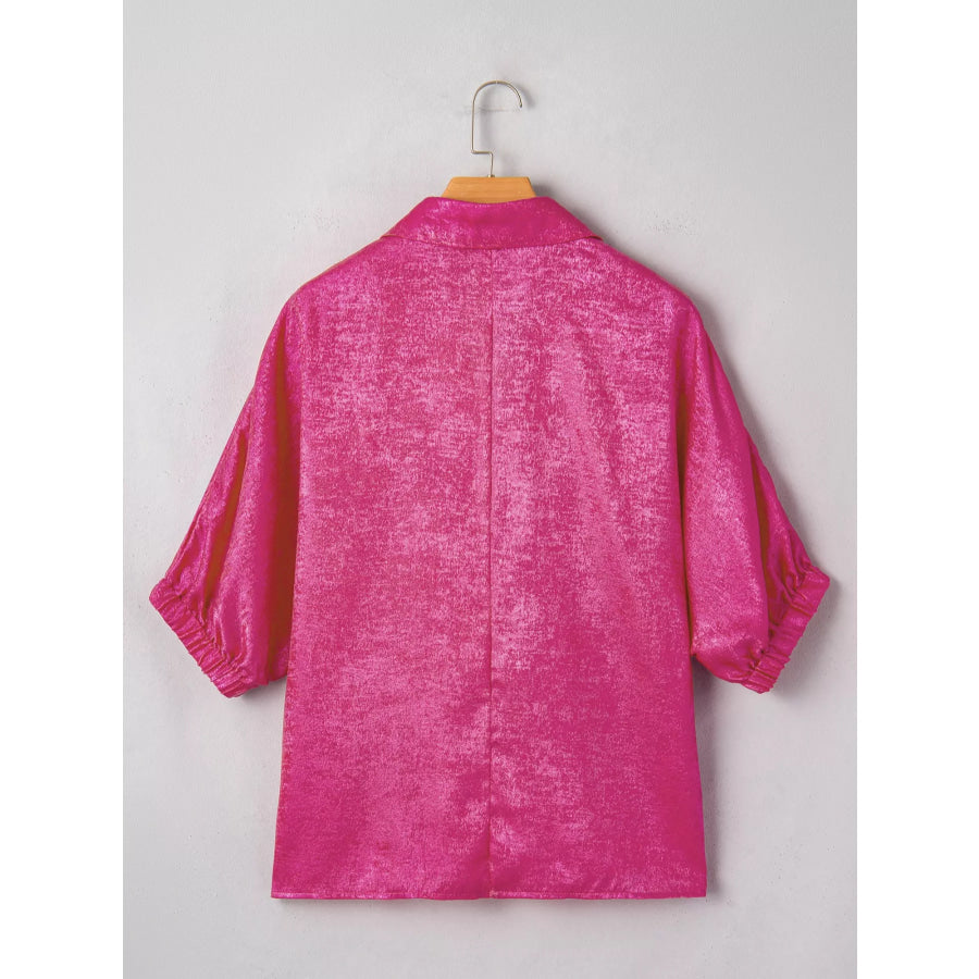 Collared V Neck Half Sleeve Metallic Top Apparel and Accessories