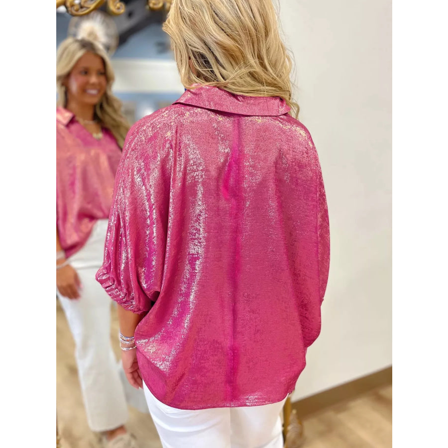 Collared V Neck Half Sleeve Metallic Top Apparel and Accessories