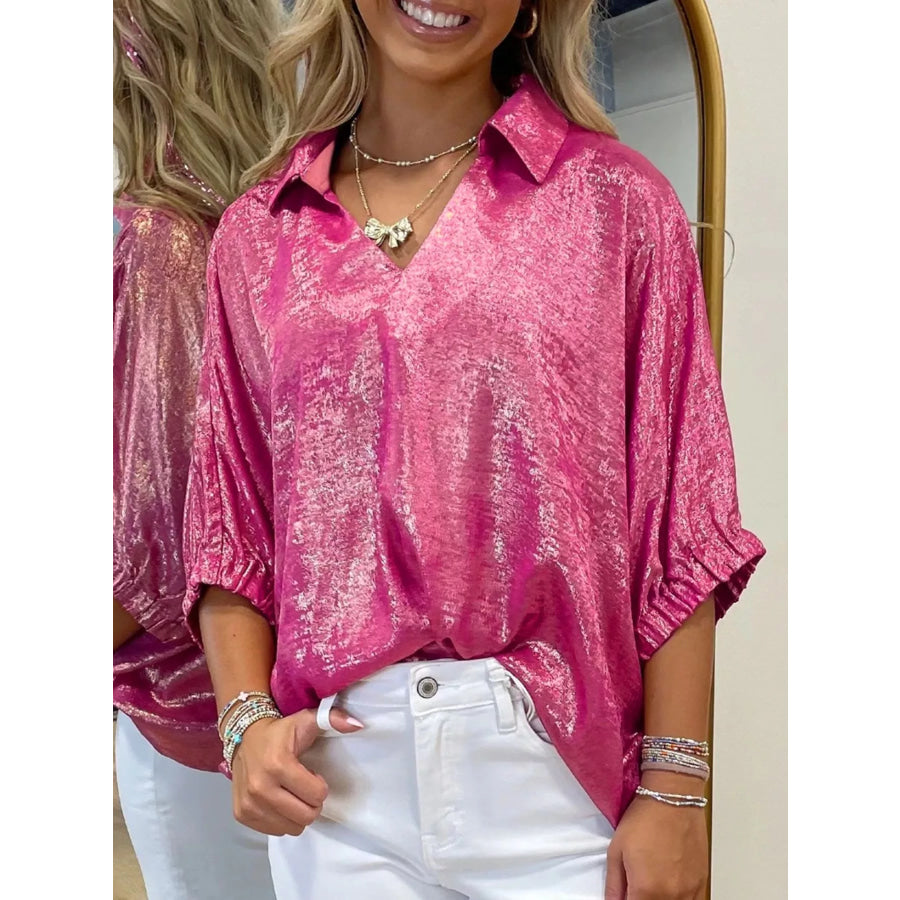 Collared V Neck Half Sleeve Metallic Top Apparel and Accessories