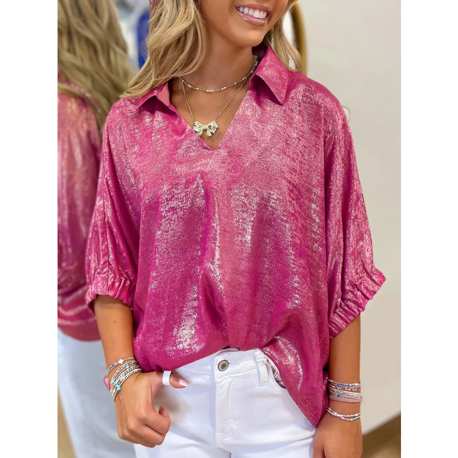Collared V Neck Half Sleeve Metallic Top Deep Rose / S Apparel and Accessories