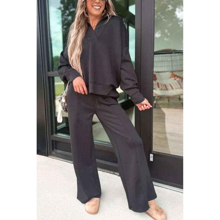 Collared V Neck Pullover Sweatshirt Sweatpants Set Apparel and Accessories