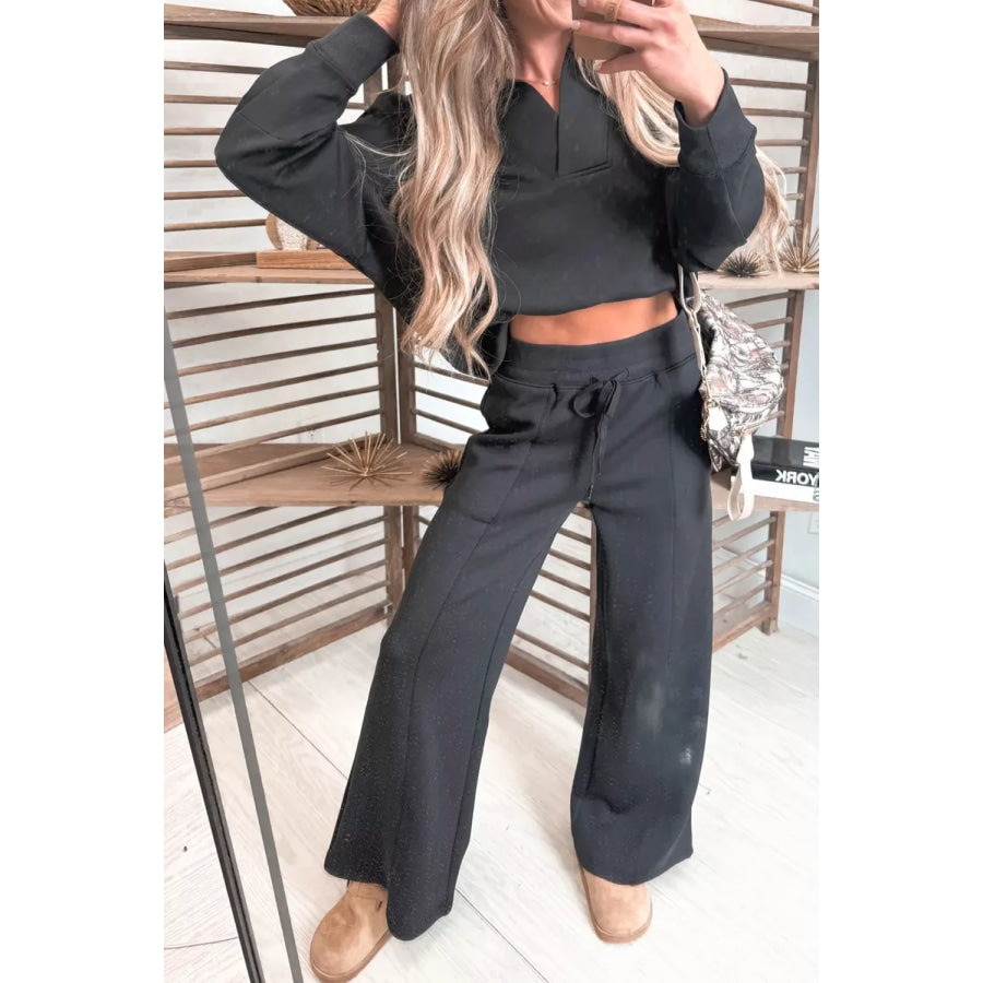 Collared V Neck Pullover Sweatshirt Sweatpants Set Apparel and Accessories