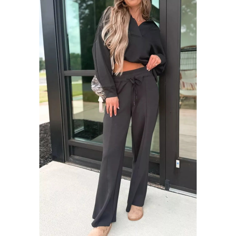 Collared V Neck Pullover Sweatshirt Sweatpants Set Apparel and Accessories