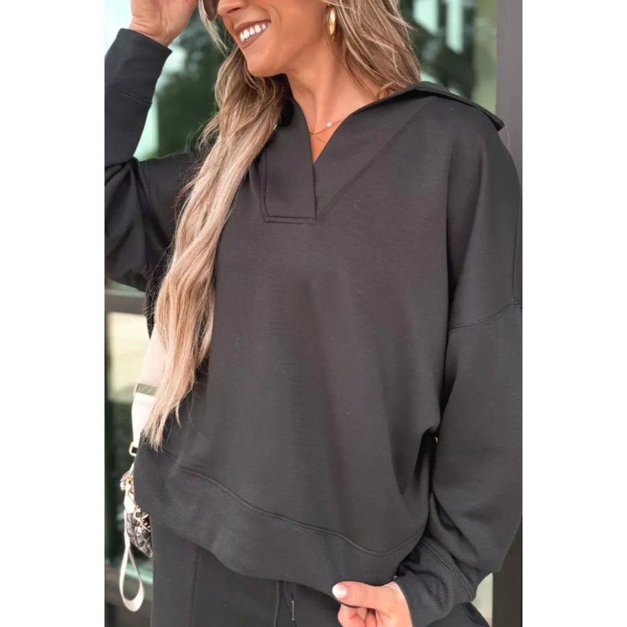 Collared V Neck Pullover Sweatshirt Sweatpants Set Apparel and Accessories