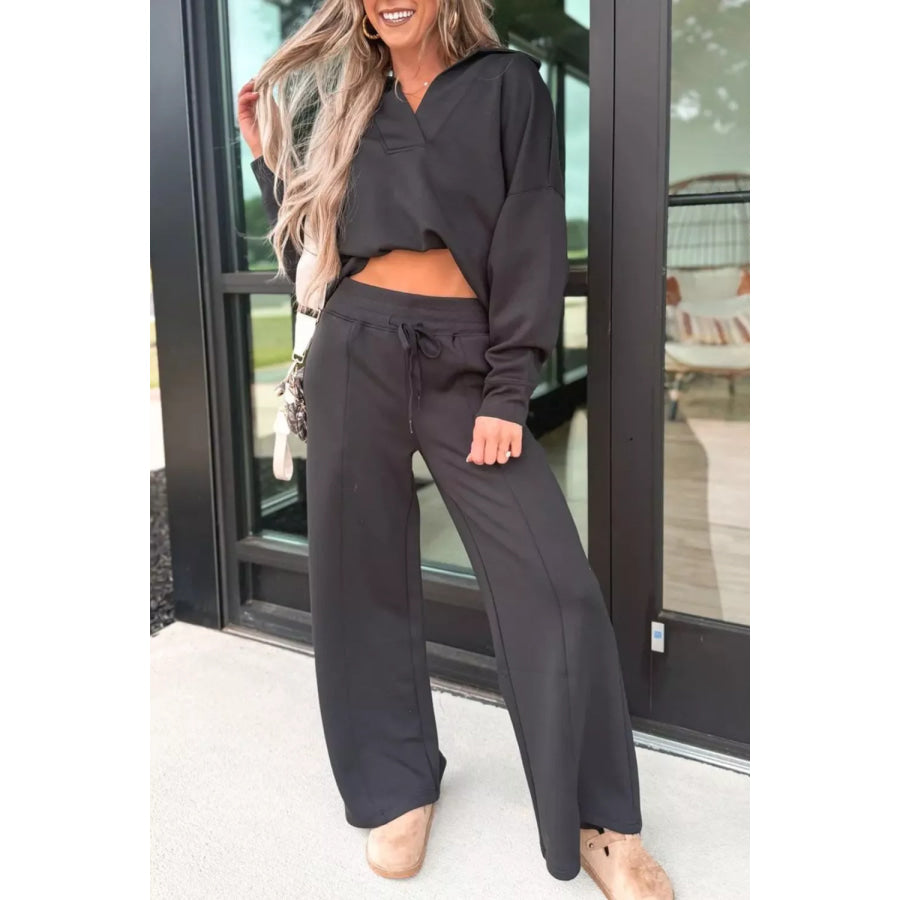 Collared V Neck Pullover Sweatshirt Sweatpants Set Black / S Apparel and Accessories