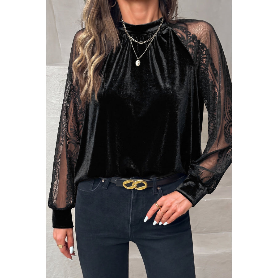 Color Black Solid Color Sheer Lace Long Sleeve Patchwork Stand Neck Velvet Blouse Color black / S / 95% Polyester + 5% Elastane