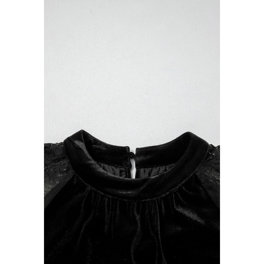 Color Black Solid Color Sheer Lace Long Sleeve Patchwork Stand Neck Velvet Blouse Tops/Blouses & Shirts