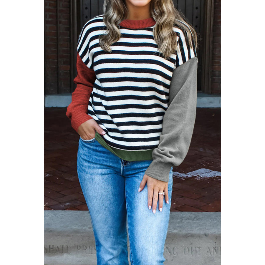 Color black Striped Panels Colorblock Sleeve Chic Sweater Gray / S / 52% Viscose + 26% Polyester + 22% Polyamide Sweaters &