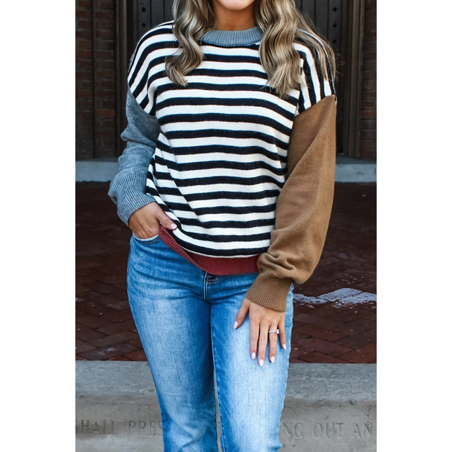 Color black Striped Panels Colorblock Sleeve Chic Sweater Color black / S / 52% Viscose + 26% Polyester + 22% Polyamide Sweaters &