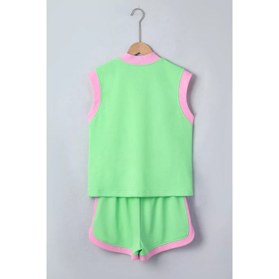 Color Block Accent Half Zip Top Athleisure Shorts Set Apparel and Accessories