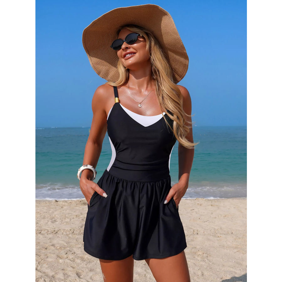 Color Block Adjustable Strap One-Piece Swimsuit Apparel and Accessories