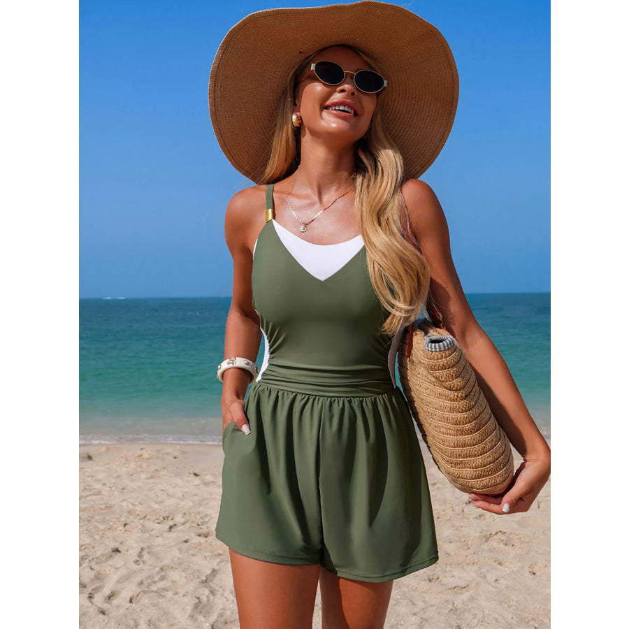 Color Block Adjustable Strap One-Piece Swimsuit Apparel and Accessories