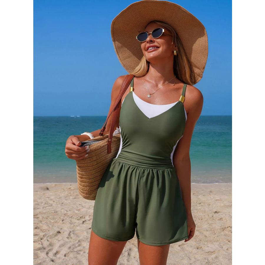 Color Block Adjustable Strap One-Piece Swimsuit Apparel and Accessories