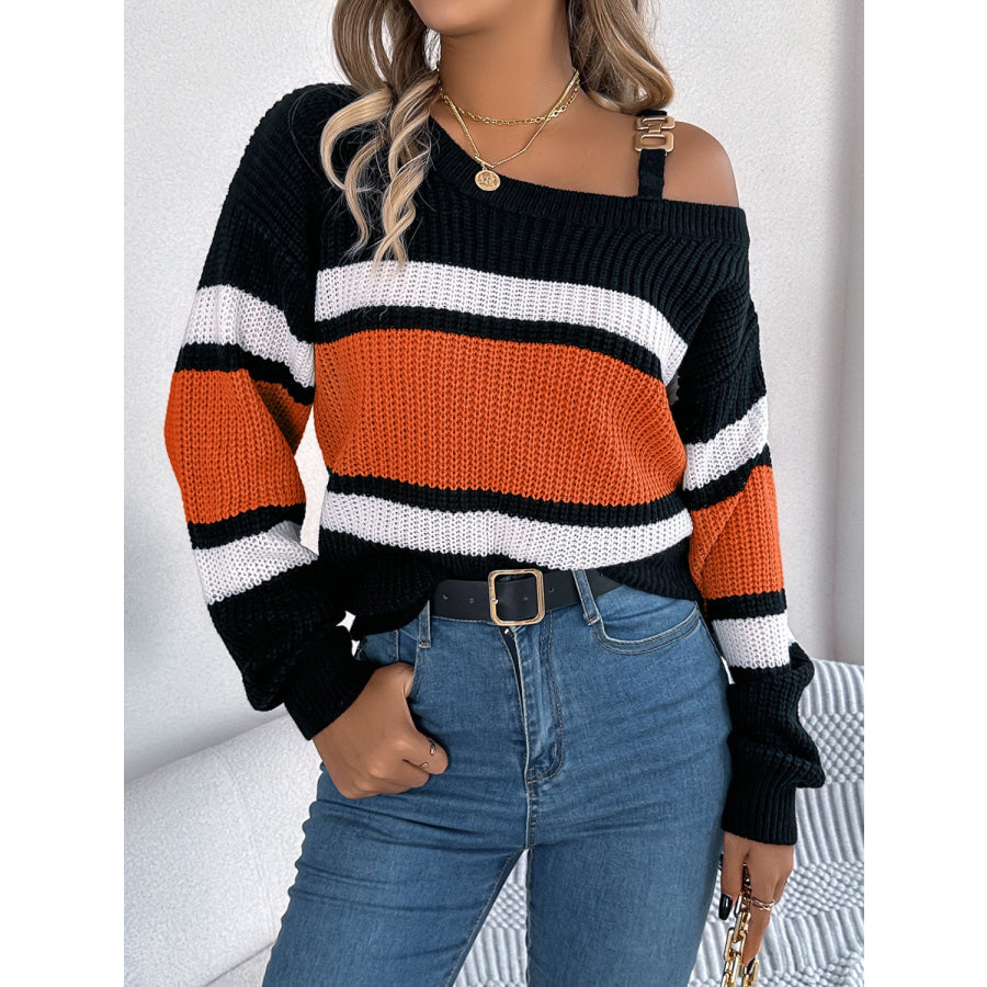 Color Block Asymmetrical Neck Long Sleeve Sweater Apparel and Accessories