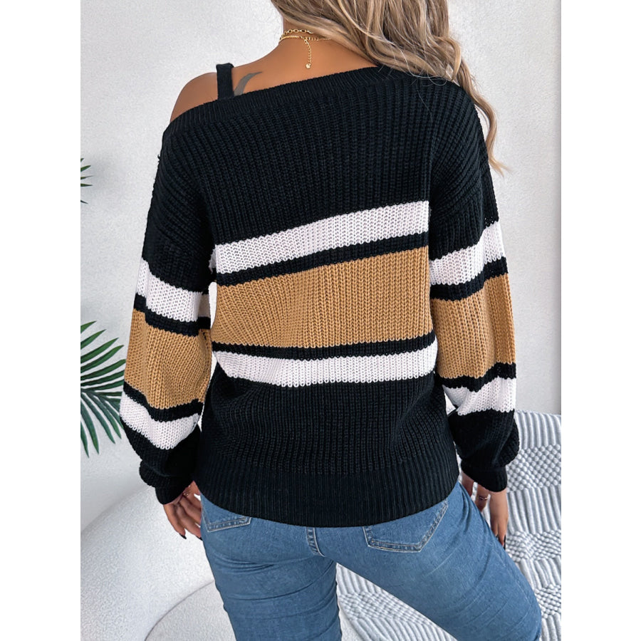 Color Block Asymmetrical Neck Long Sleeve Sweater Camel / S Apparel and Accessories