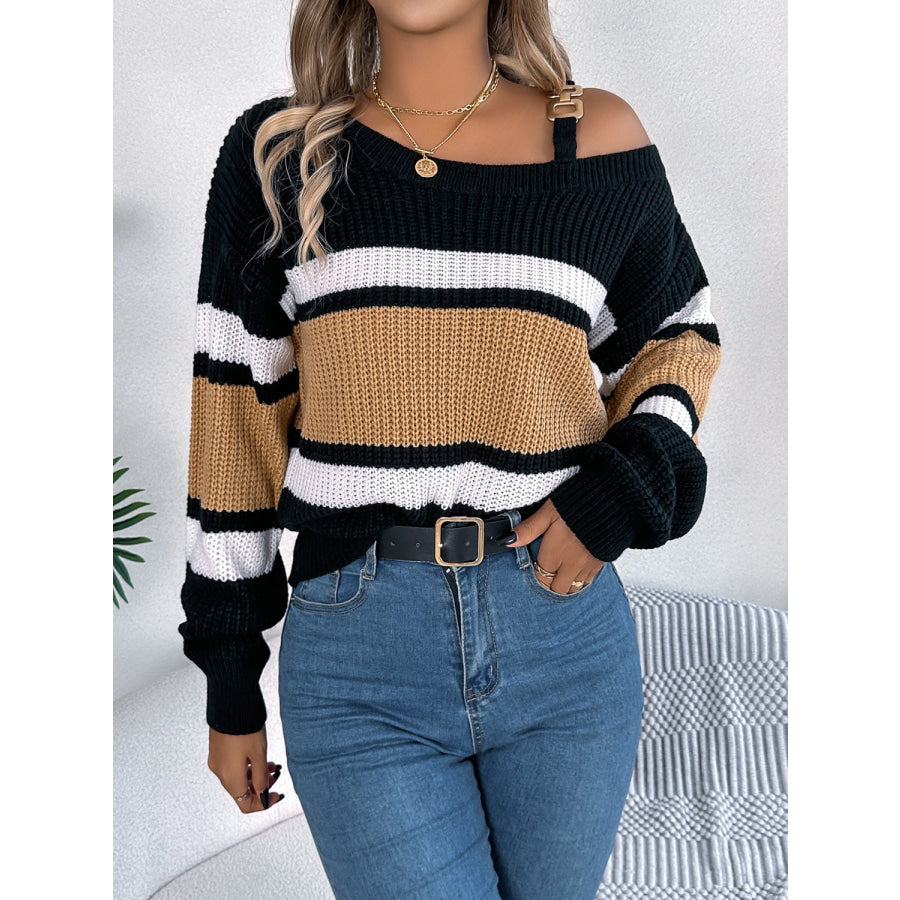 Color Block Asymmetrical Neck Long Sleeve Sweater Camel / S Apparel and Accessories