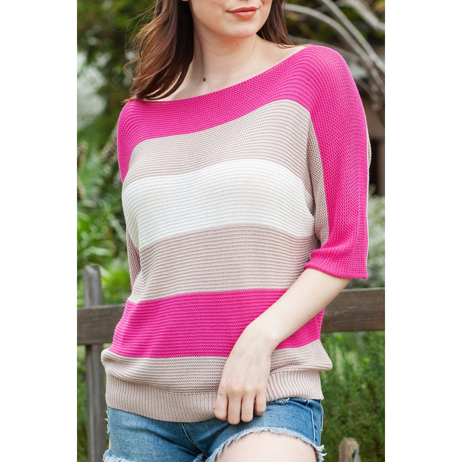 Color Block Boat Neck Half Sleeve Knit Top