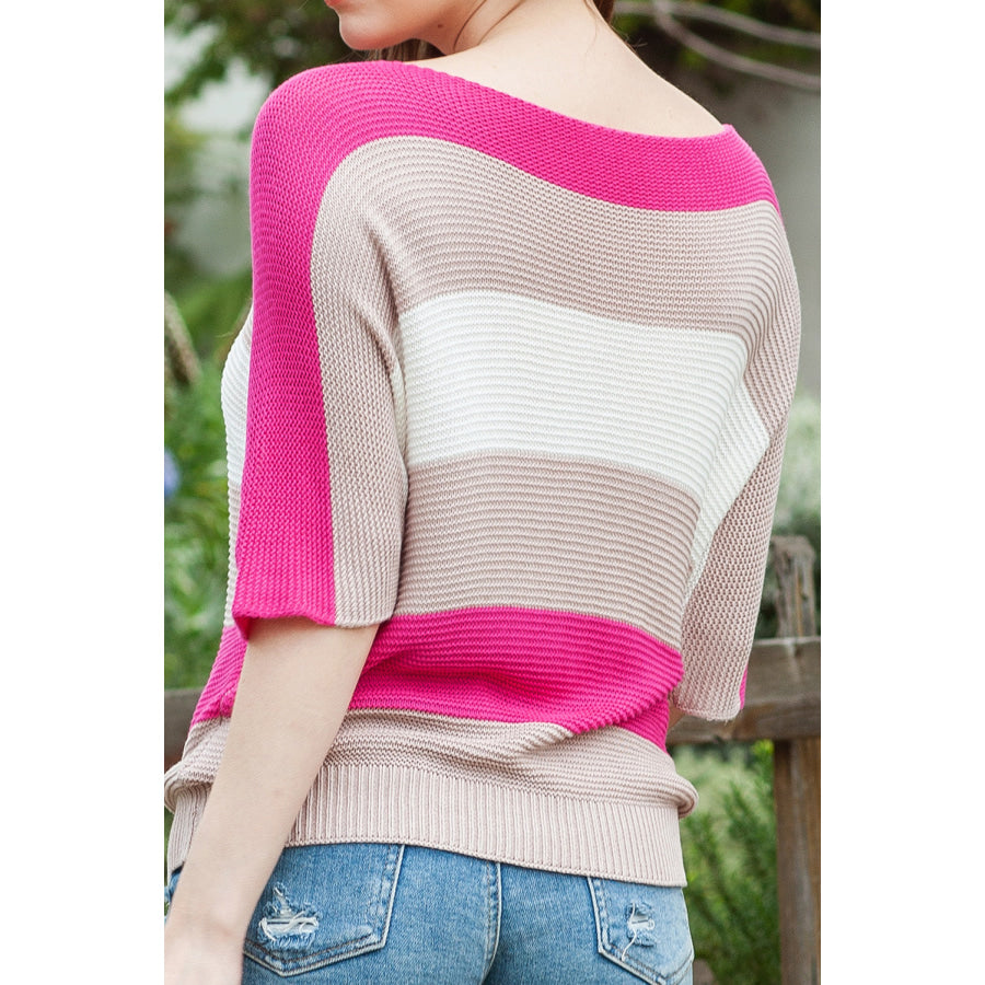 Color Block Boat Neck Half Sleeve Knit Top