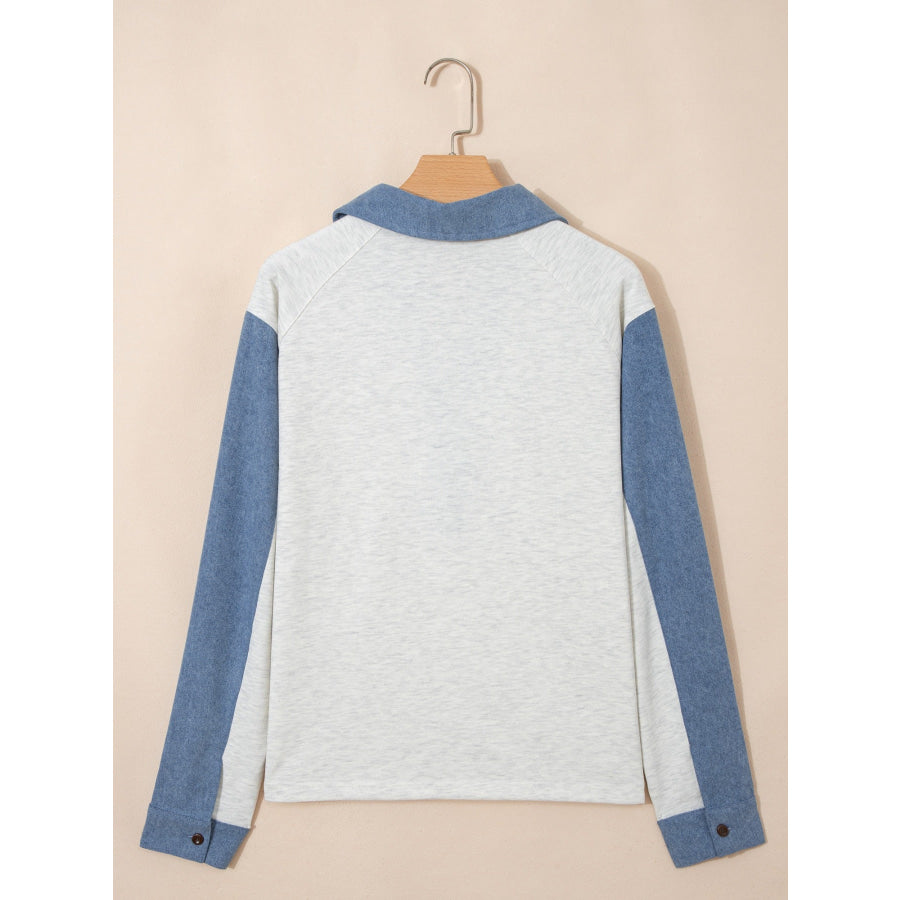 Color Block Button Detail Long Sleeve Top Apparel and Accessories