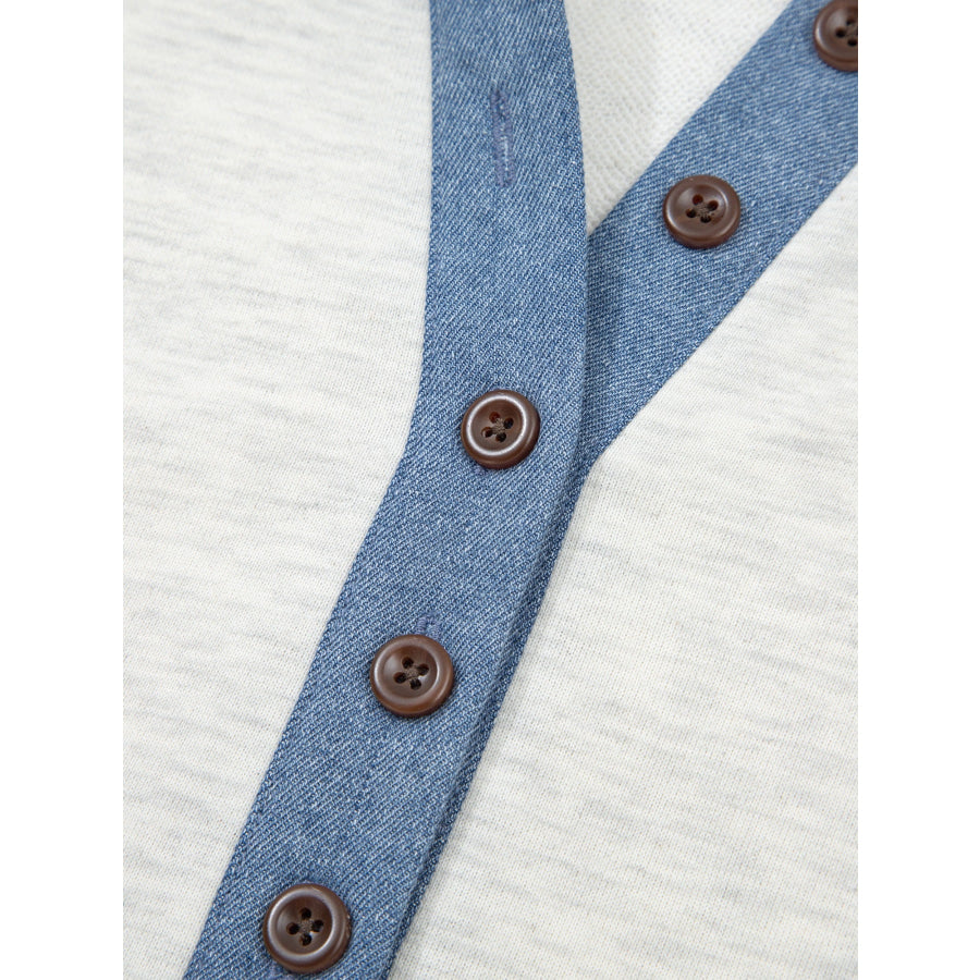 Color Block Button Detail Long Sleeve Top Apparel and Accessories
