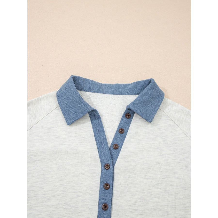 Color Block Button Detail Long Sleeve Top Apparel and Accessories