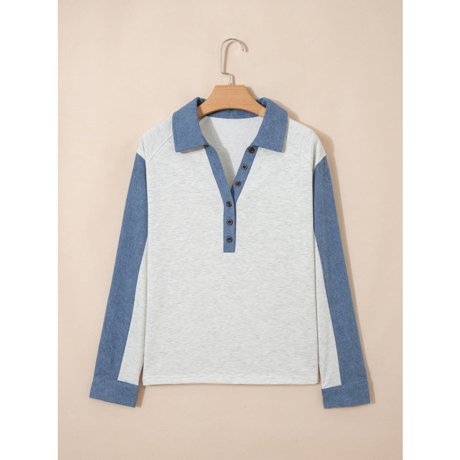 Color Block Button Detail Long Sleeve Top Apparel and Accessories