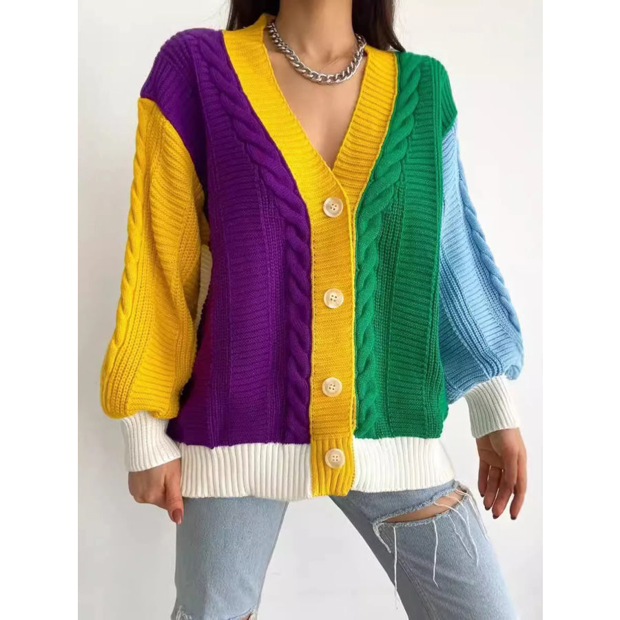 Color Block Button Down Cable-Knit Cardigan Multicolor / S Apparel and Accessories