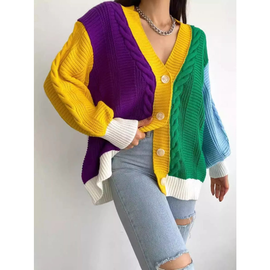 Color Block Button Down Cable-Knit Cardigan Multicolor / S Apparel and Accessories