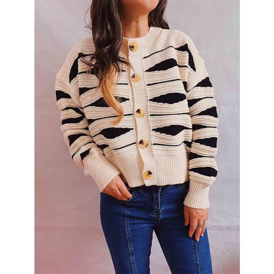 Color Block Button Front Cardigan Cream / S