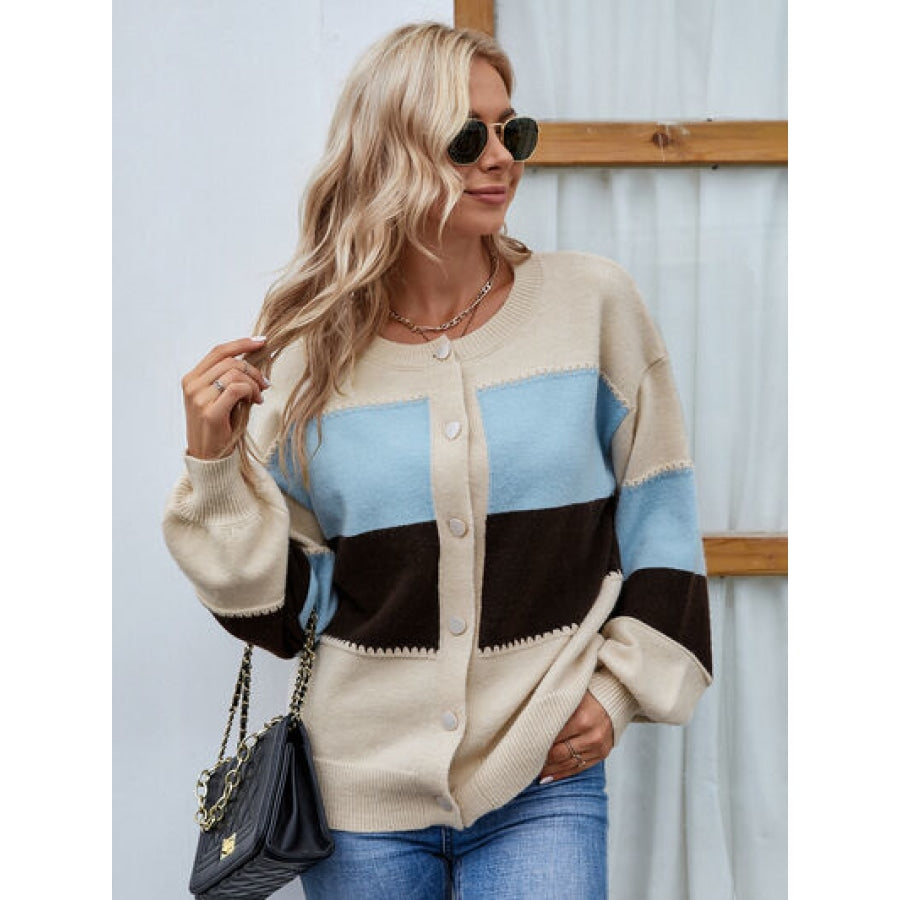 Color Block Button Up Lantern Sleeve Cardigan Clothing