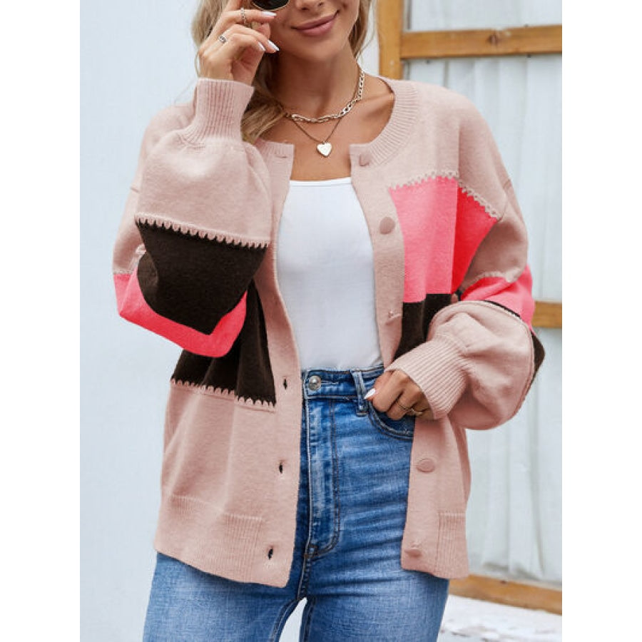 Color Block Button Up Lantern Sleeve Cardigan Clothing