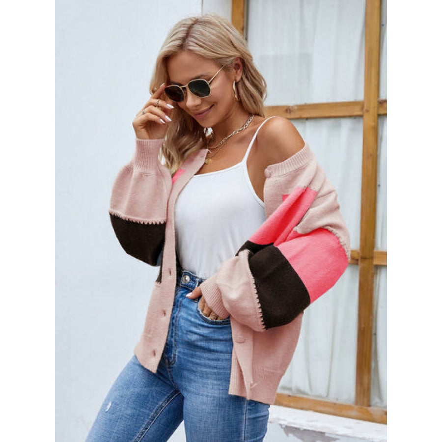 Color Block Button Up Lantern Sleeve Cardigan Clothing