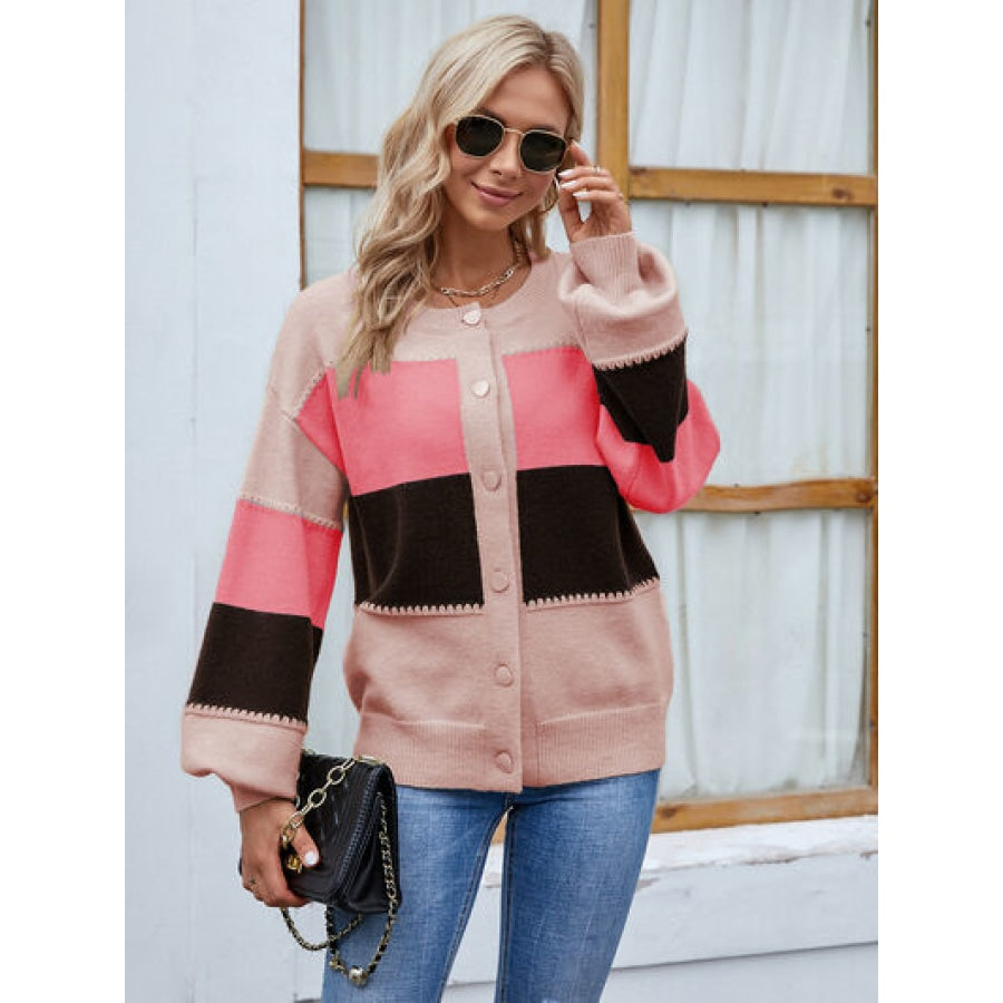 Color Block Button Up Lantern Sleeve Cardigan Peach / S Clothing