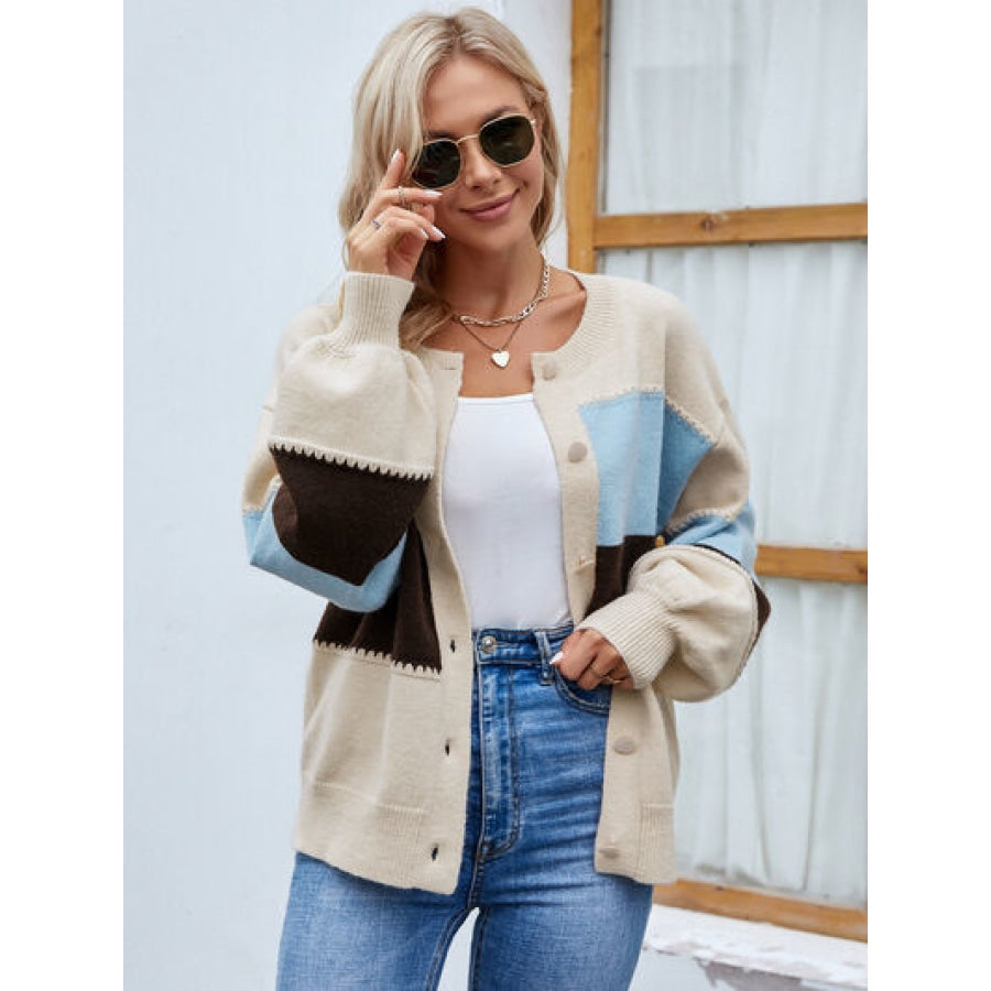 Color Block Button Up Lantern Sleeve Cardigan Sand / S Clothing