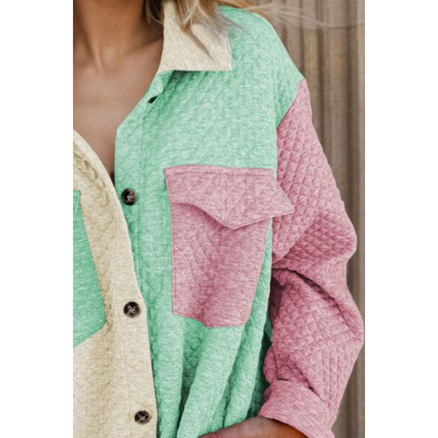 Color Block Button Up Long Sleeve Shacket Apparel and Accessories