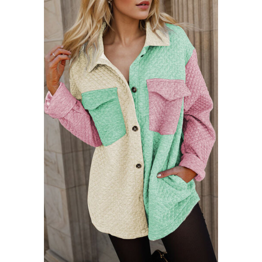 Color Block Button Up Long Sleeve Shacket Gum Leaf / S Apparel and Accessories