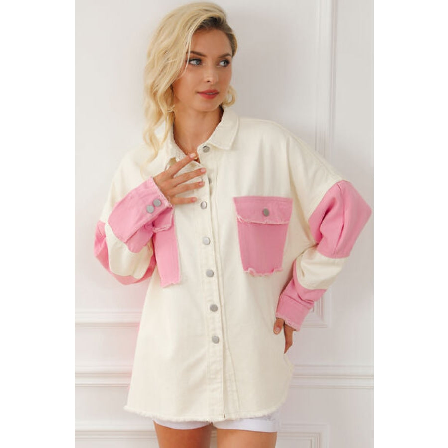 Color Block Button Up Raw Hem Denim Jacket Blush Pink / S Clothing