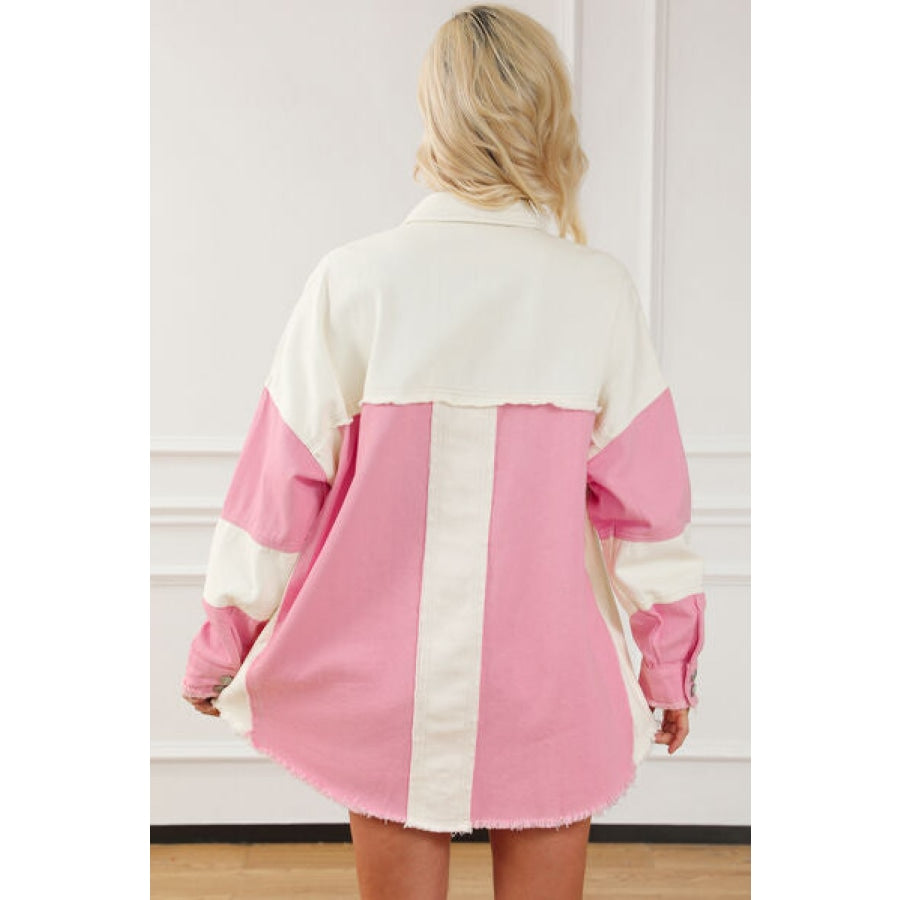 Color Block Button Up Raw Hem Denim Jacket Blush Pink / S Clothing