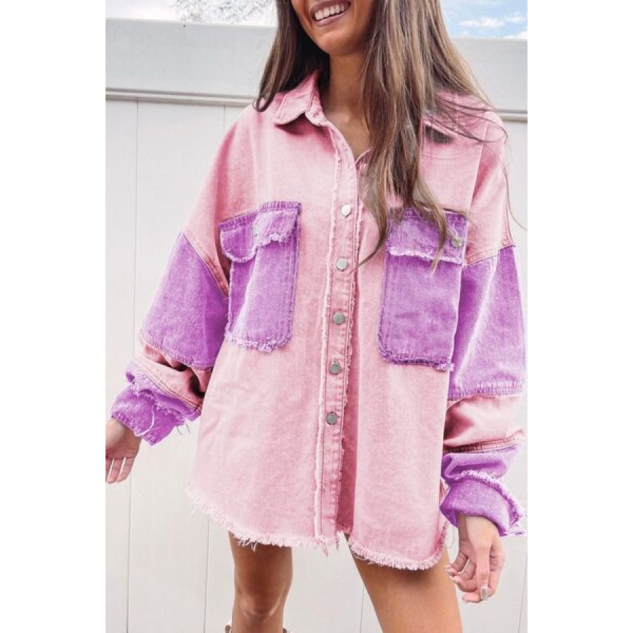 Color Block Button Up Raw Hem Denim Jacket Lavender / S Clothing