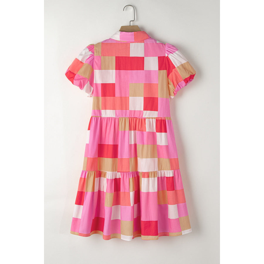 Color Block Button Up Short Sleeve Mini Dress Strawberry / S Apparel and Accessories