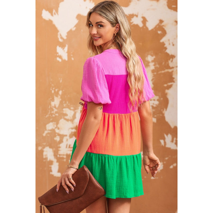 Color Block Buttoned Puff Sleeve Dress